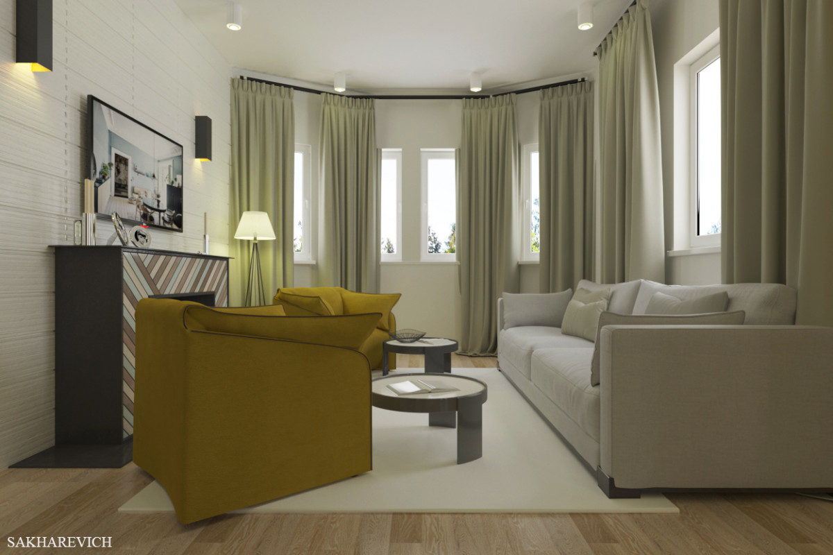 Гостиная в светлых оттенках с яркими лимонными креслами располагает к отдыху и комфорту.