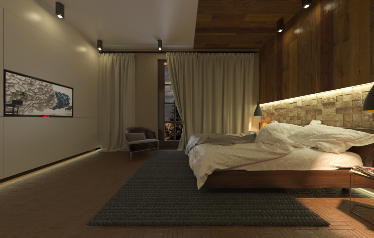 Спальня разработана с применением  деревянных поверхностей на стенах. 
Без локального центрального освещения, только мягкий скрытый свет.