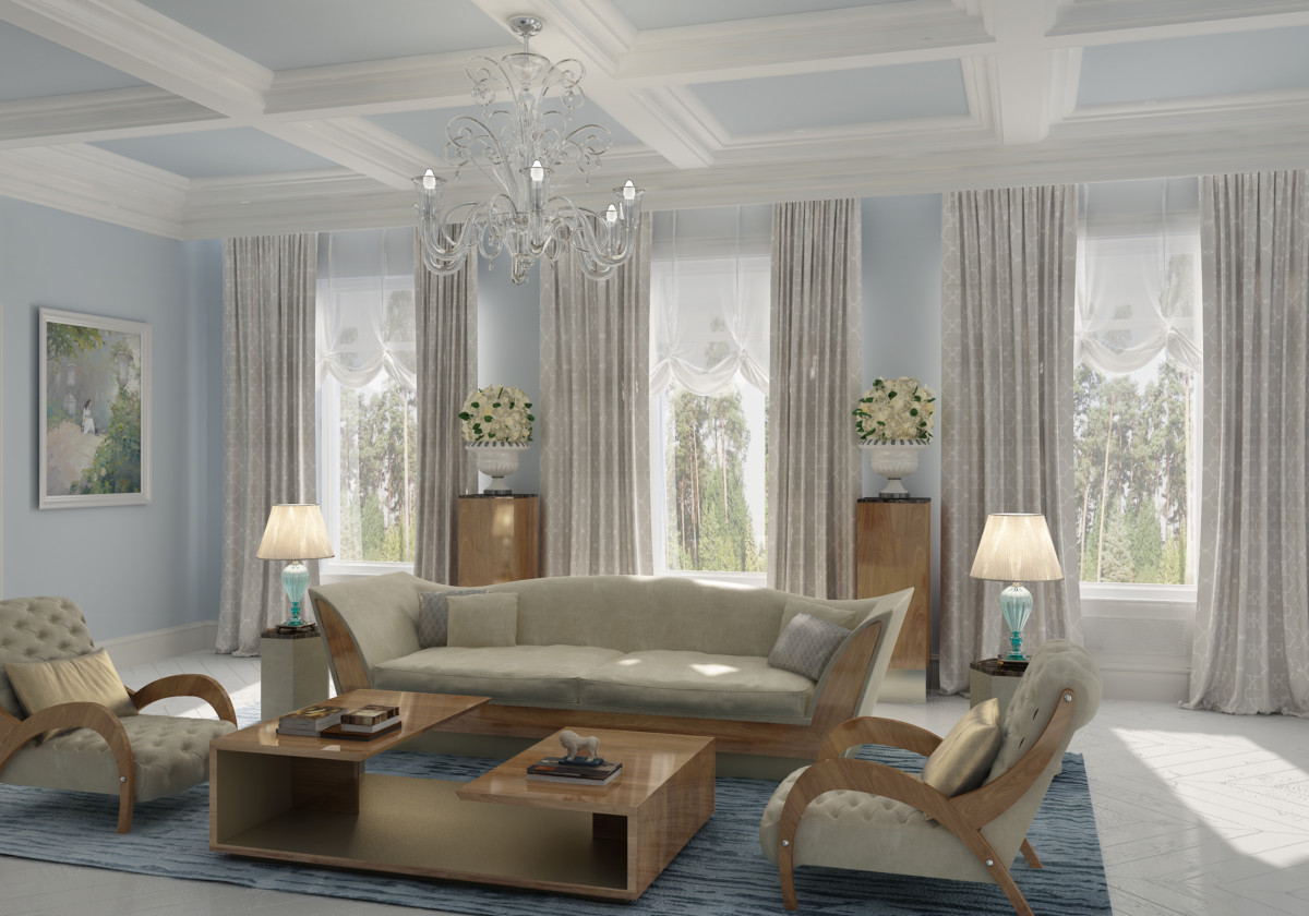 Кессонные потолки подчёркнуты белыми карнизами, фактура и цвет мебели из карельской берёзы дают теплоту и мерцание.