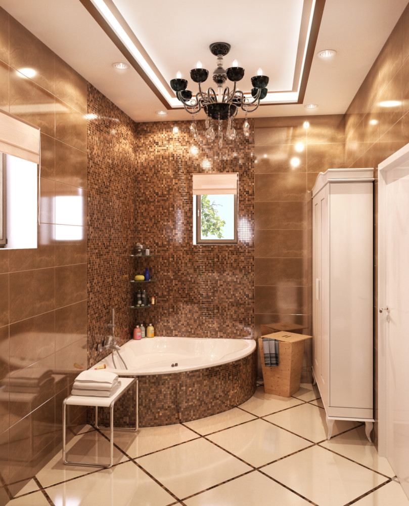 Зона ванны декорирована мозаикой. На полу керамическая плитка с отделкой мозаикой.