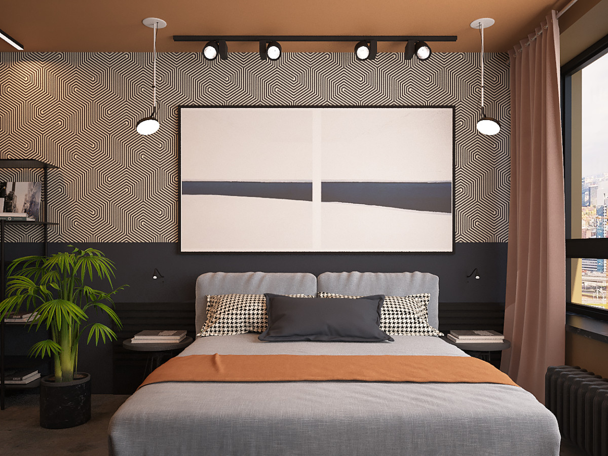 Кровать — Alivar, столики — Diesel, подвесные светильники — Estiluz, на стене —
работа Джонатана Смита.