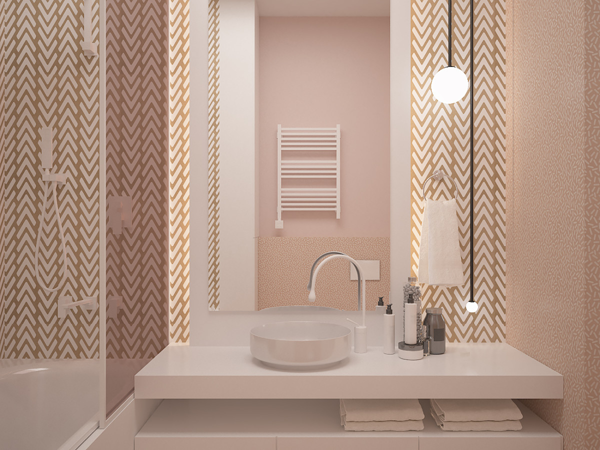 В ванной комнате при спальне решено было создать очень тёплую по цветам атмосферу. Плитка Ornamenta имеет геометричный интересный рисунок песочного оттенка. Также использовали персиковый и нежно-розовый цвета.