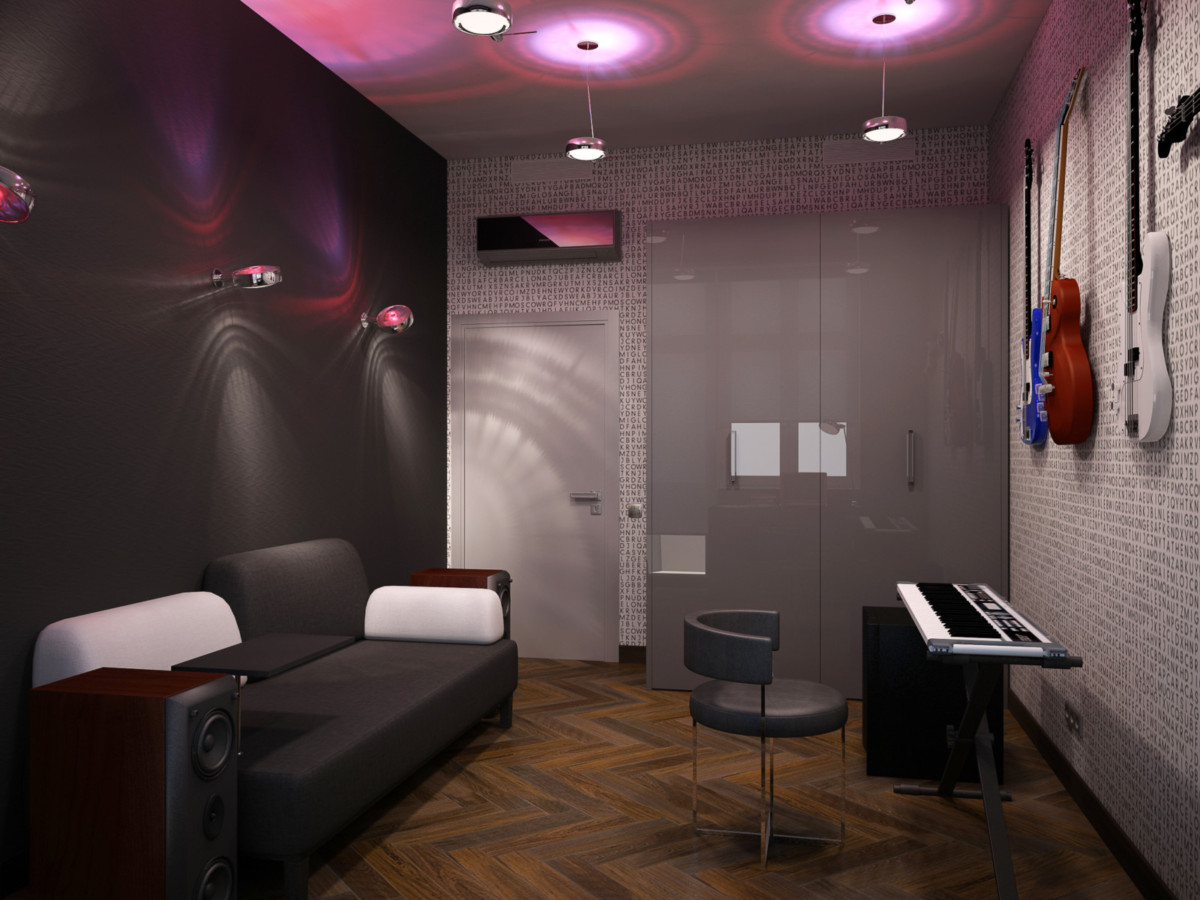 Хозяин квартиры увлекается музыкой. В музыкальной комнате предусмотрена шумоизоляция. В отделке стен использованы обои и декоративная штукатурка.