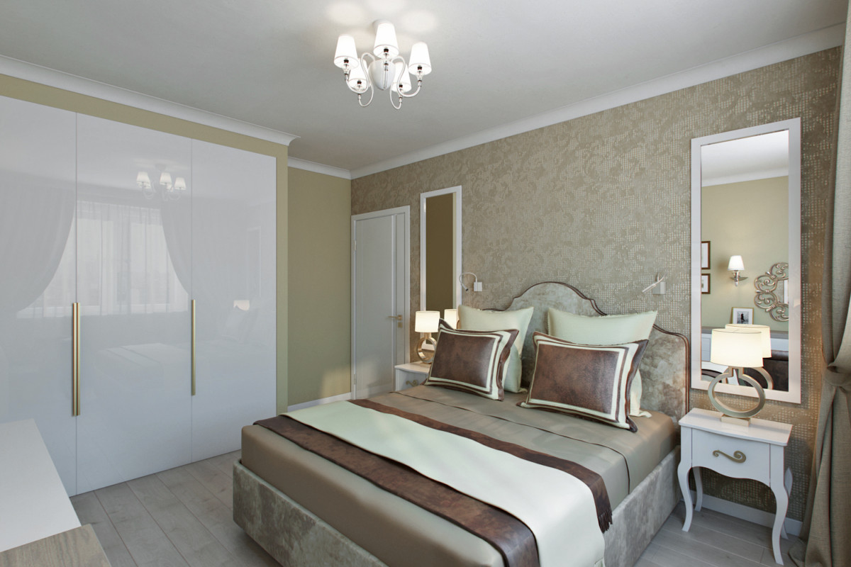 Стена за кроватью оклеена обоями с осовремененным дамасским орнаментом.