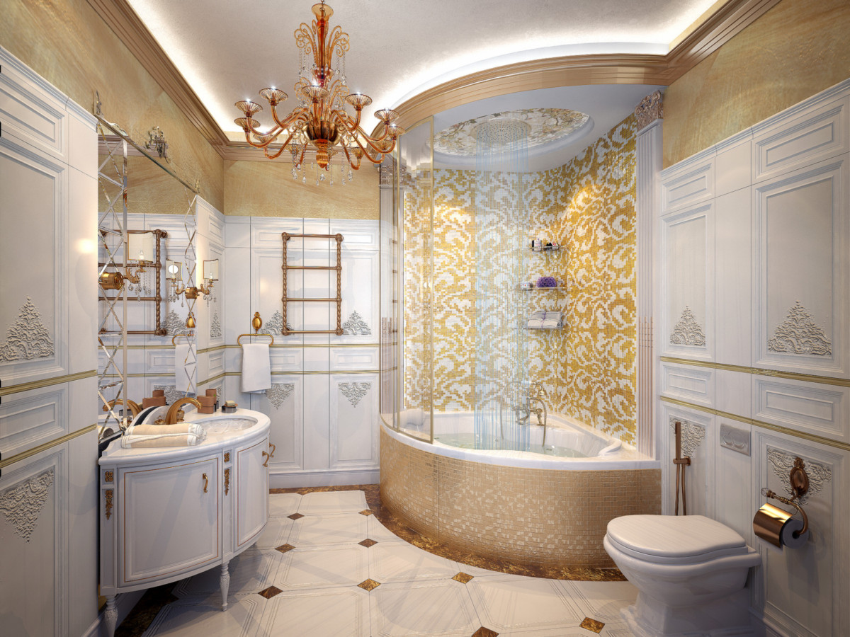 Ванные и санузлы повторяют неординарный дизайн гостиной. На стенах резная плитка из камня, на полу чёрный мрамор, на потолке стекло с фацетом. Завершают отделку вставки из сусального золота.
