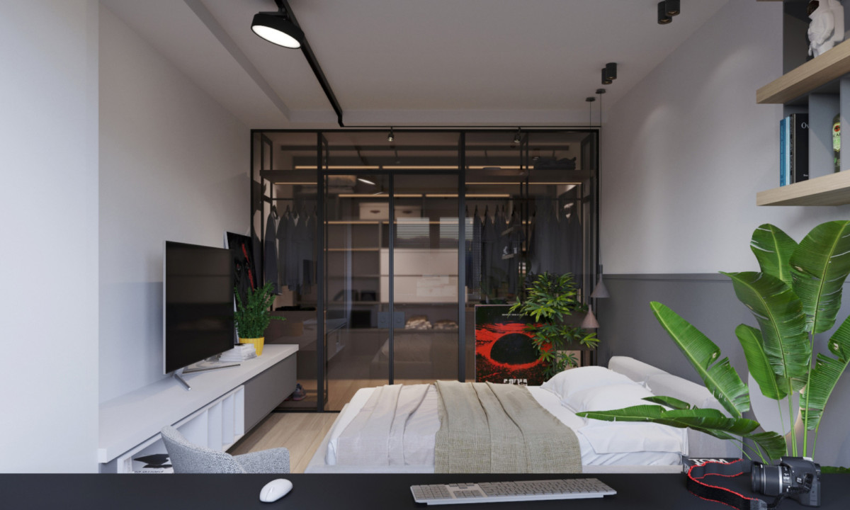 Спальня выдержана в той же цветовой гамме и том же современном стиле что и вся квартира.

Основным пожеланием в спальне было создание своей отдельной ''прозрачной'' гардеробной и рабочего места у окна.