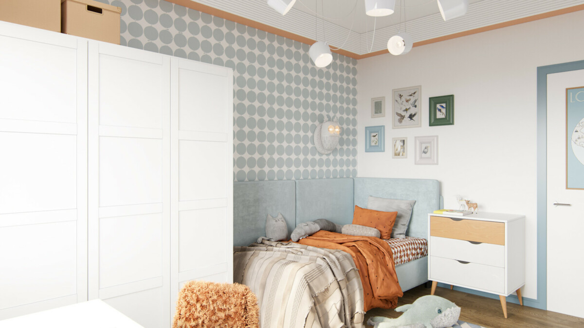 Детская кровать расположена в углу детской комнаты и оформлена так, чтобы вдоль стен была мягкая обивка. Цвет ткани подобран в цвет оригинальных Шведских обоев Borastapeter
