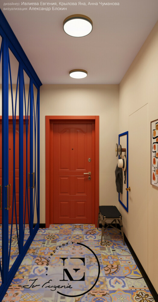 Лифт достаточно удобный и просторный, ребенок самостоятельно может спускаться и подниматься.
Освещение холла стандартное, кроме синих потолочных светильников, свисающих гроздьями со второго этажа.
Торцевая стена лестницы выкрашена в цвет «вареной моркови».